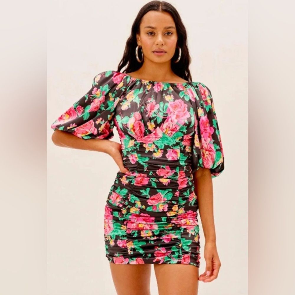 For Love & Lemons Black Floral Ruched Mini Dress Puff Sleeve Romantic Bodycon